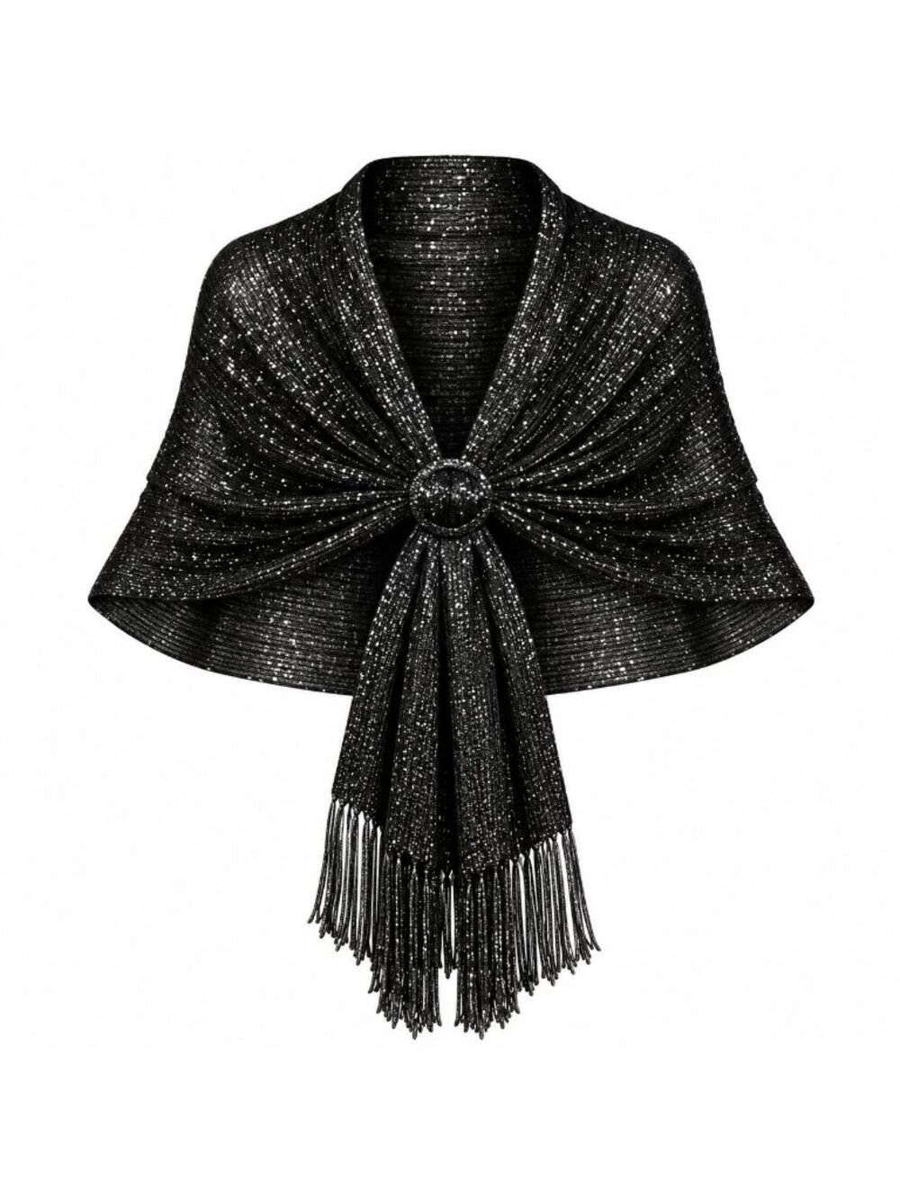 Black Silver Metallic Shawl Wrap 70in Fringe Evening Scarf Slide Formal